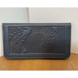 Oberon Checkbook Cover Embossed Blue Leather With Divider Flap New